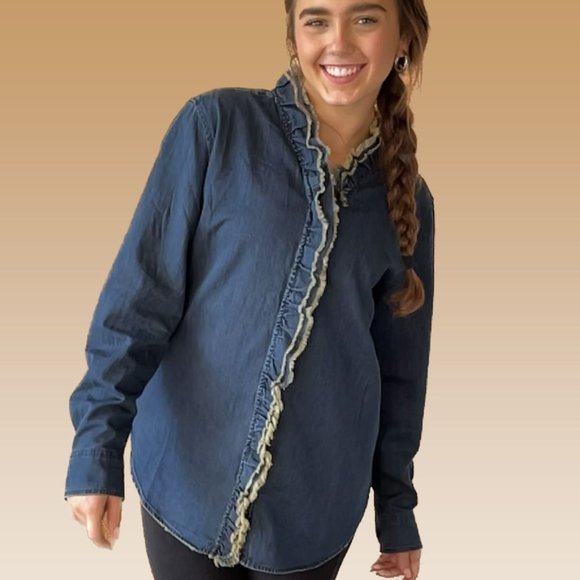 Jaded Gypsy Cutting Edge Button Down Lace Detail Denim Top - Picture 5 of 5